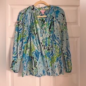 Lilly Pulitzer Elsa 100% silk blouse top green blue women’s small